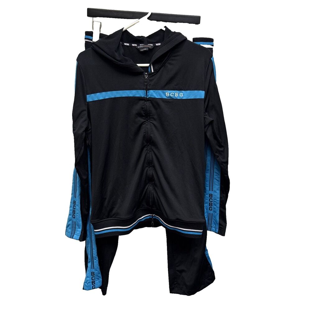 BCBG MAXAZRIA Black Aqua XL Training Jacket Pants Two Piece Set Zip Logo Hooded